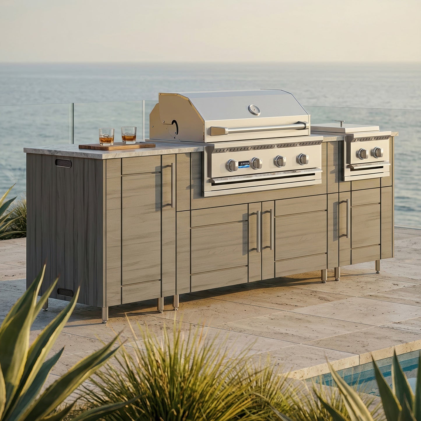 WeatherStrong 86" Sandbar HDPE Outdoor Kitchen Island with Grill & Side Burner