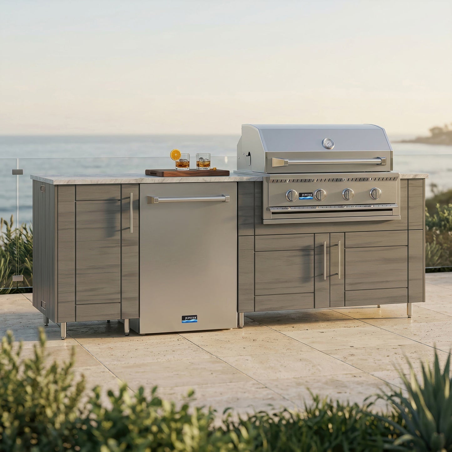 WeatherStrong 90" Bayside HDPE Outdoor Kitchen Island with Grill & Refrigerator
