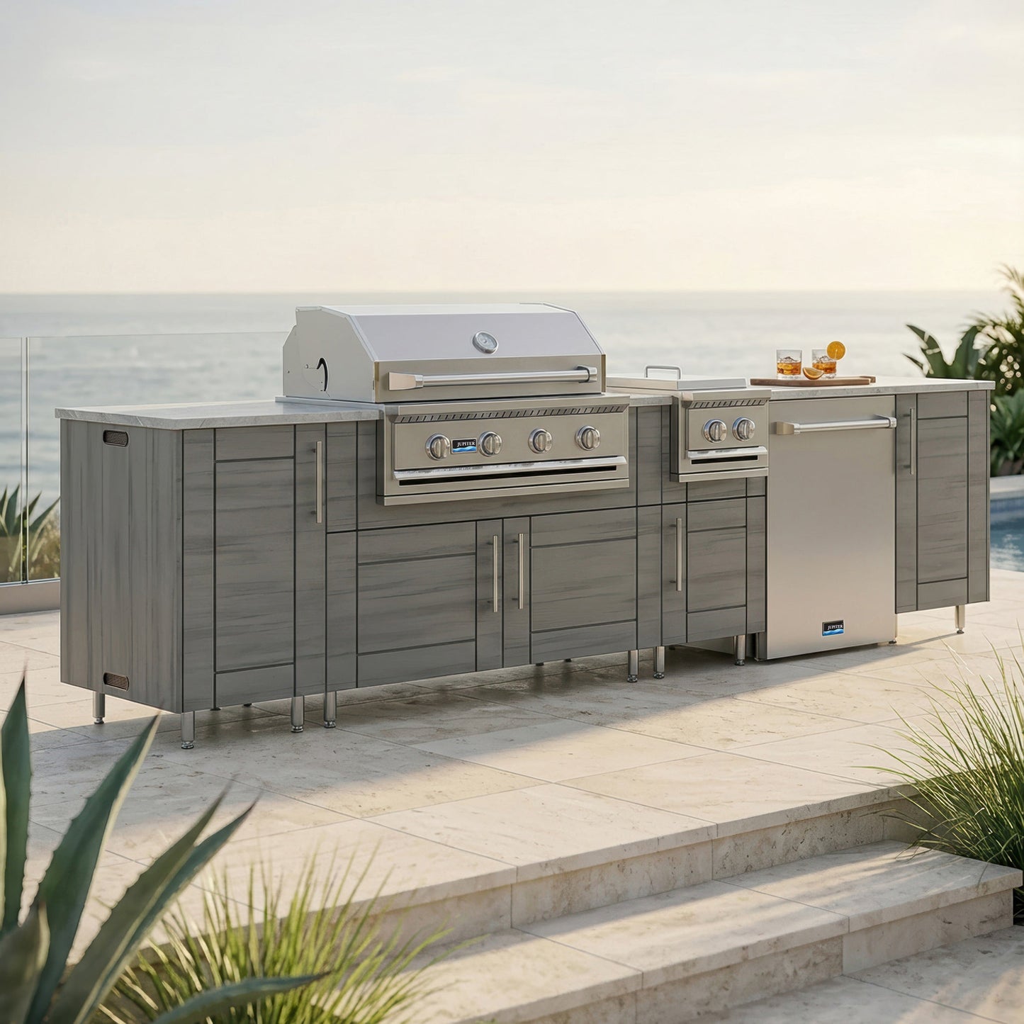 WeatherStrong 126" Breakwater HDPE Outdoor Kitchen Island with Grill, Side Burner & Refrigerator