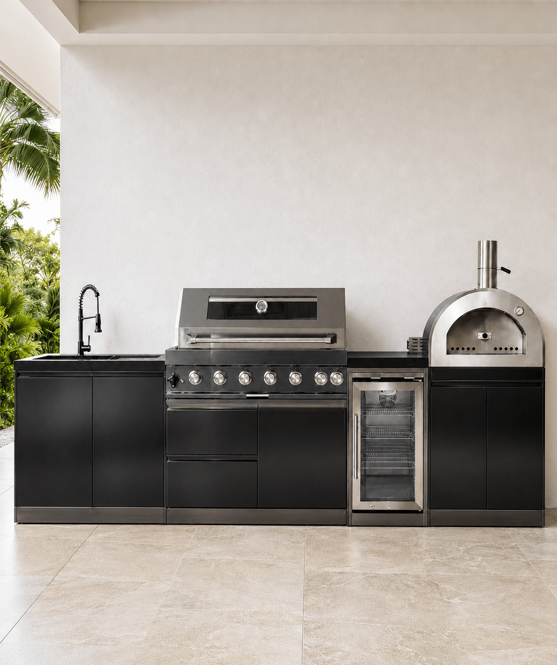 121" Black Stainless Steel Outdoor Kitchen with 43" Grill - Refrigerator - Sink - Pizza Oven - Sunzout Outdoor Spaces LLC