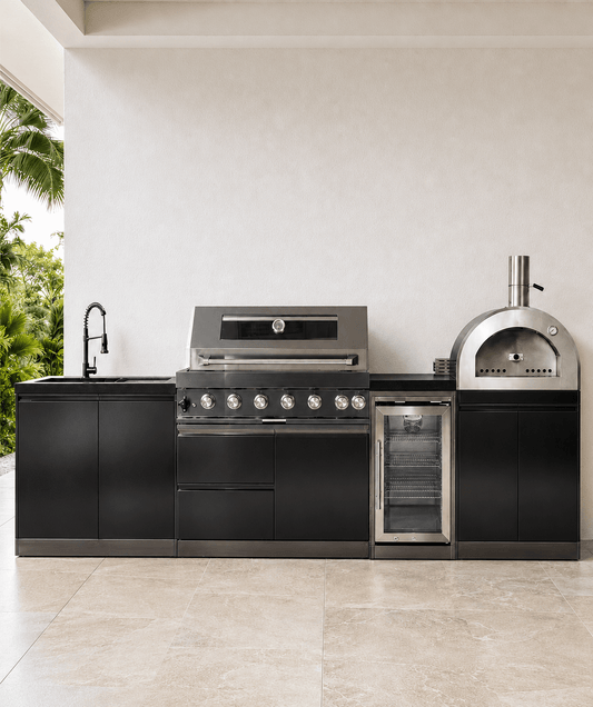 121" Black Stainless Steel Outdoor Kitchen with 43" Grill - Refrigerator - Sink - Pizza Oven - Sunzout Outdoor Spaces LLC