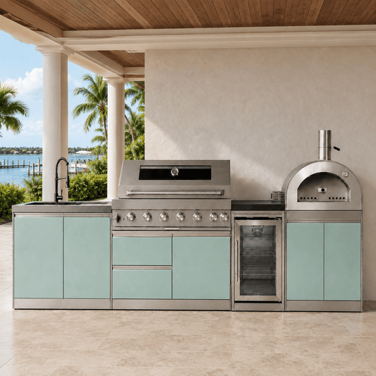 121" Designer Series Stainless Steel Outdoor Kitchen with 43" Grill - Refrigerator - Sink - Pizza Oven - Sunzout Outdoor Spaces LLC