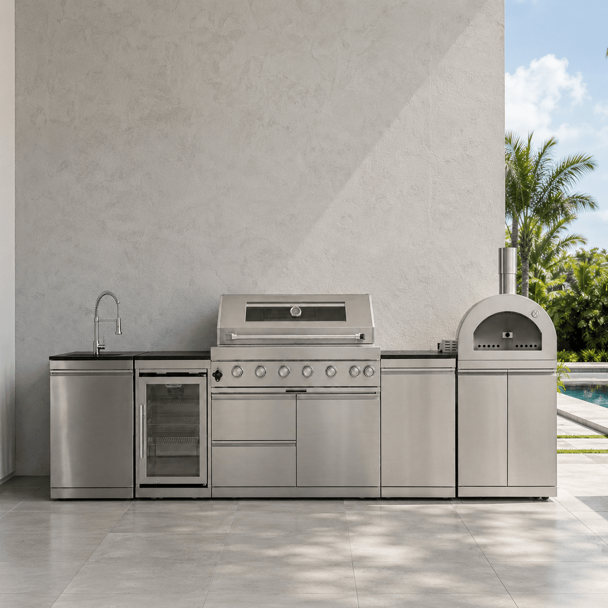 127.5" 304 Stainless Steel Outdoor Kitchen with 43" Grill - Pizza Oven - Sink - Refrigerator - Cabinet - Sunzout Outdoor Spaces LLC