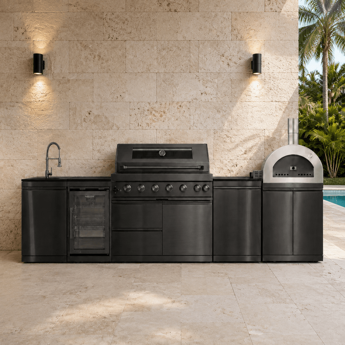 127.5" Black Stainless Steel Outdoor Kitchen with 43" Grill - Pizza Oven - Sink - Refrigerator - Cabinet - Sunzout Outdoor Spaces LLC