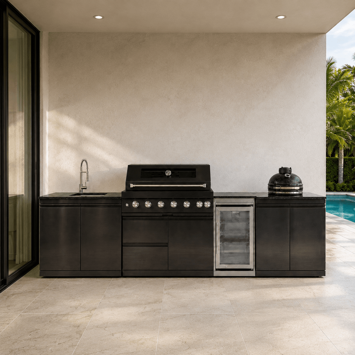 127.5" Black Stainless Steel Outdoor Kitchen with 43" Grill - Sink - Smoker - Refrigerator - Sunzout Outdoor Spaces LLC