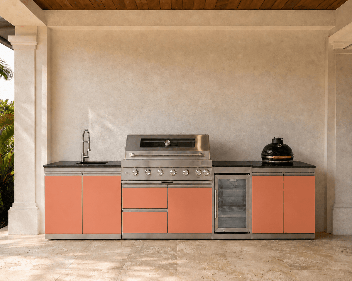 127.5" Designer Series Stainless Steel Outdoor Kitchen with 43" Grill - Sink - Smoker - Refrigerator - Sunzout Outdoor Spaces LLC