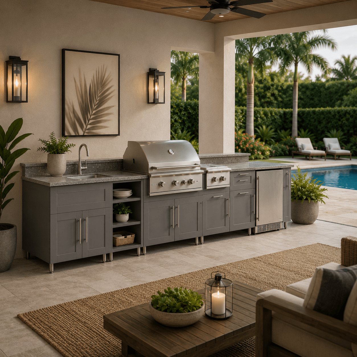 12ft.1in. WeatherStrong Outdoor Kitchen Island Ready For Grill, Griddle, Trash, Open Shelf and Sink - Sunzout Outdoor Spaces LLC
