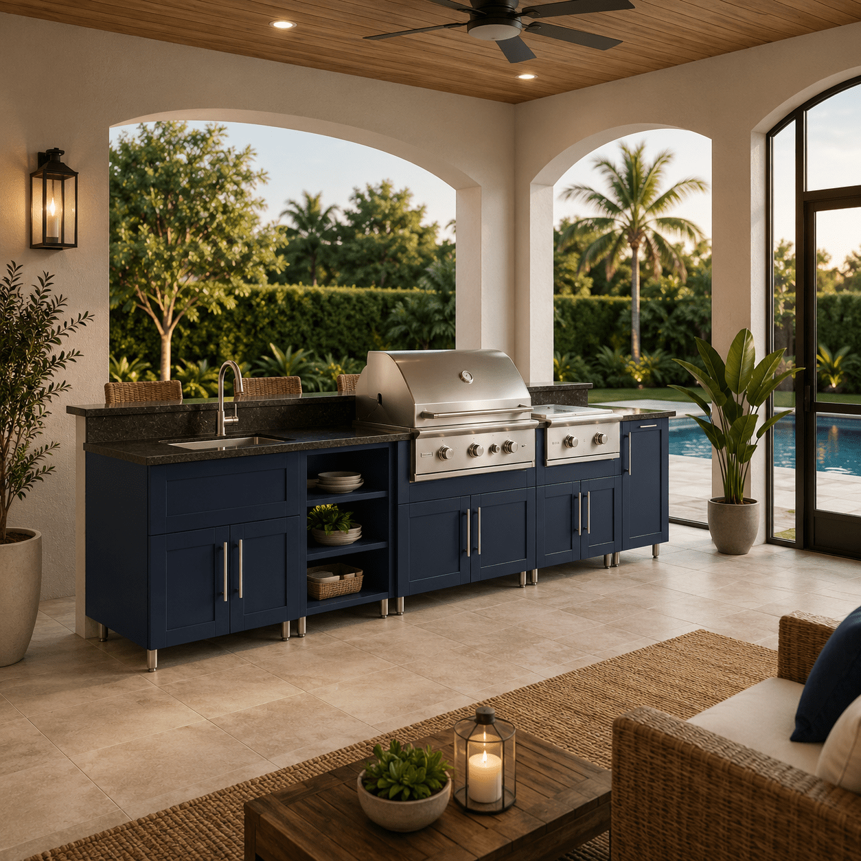 12ft.1in. WeatherStrong Outdoor Kitchen Island Ready For Grill, Griddle, Trash, Open Shelf and Sink - Sunzout Outdoor Spaces LLC
