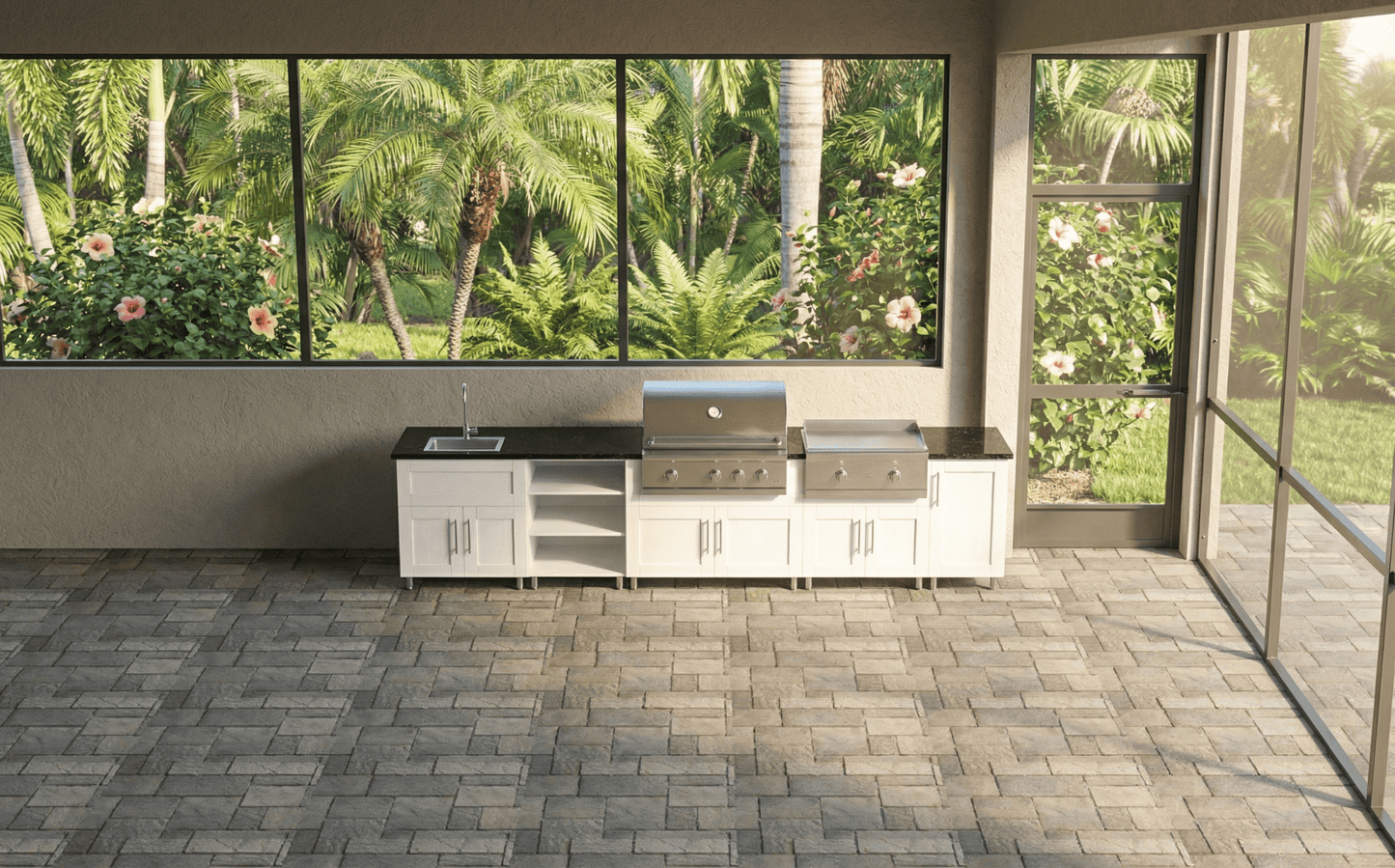 12ft.1in. WeatherStrong Outdoor Kitchen Island Ready For Grill, Griddle, Trash, Open Shelf and Sink - Sunzout Outdoor Spaces LLC