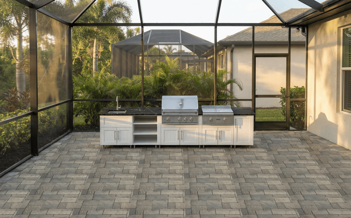 12ft.1in. WeatherStrong Outdoor Kitchen Island Ready For Grill, Griddle, Trash, Open Shelf and Sink - Sunzout Outdoor Spaces LLC