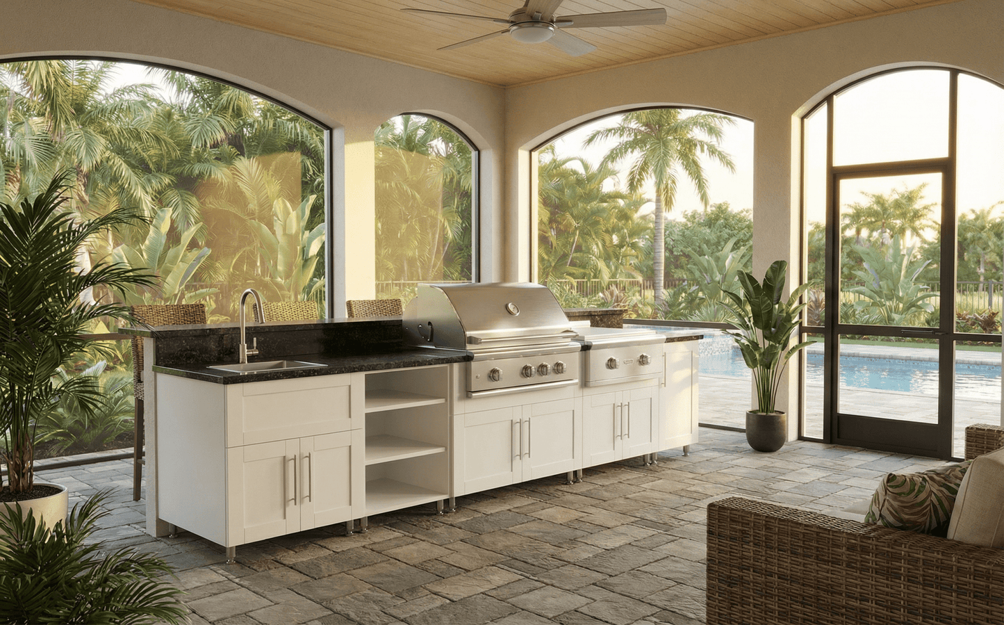 12ft.1in. WeatherStrong Outdoor Kitchen Island Ready For Grill, Griddle, Trash, Open Shelf and Sink - Sunzout Outdoor Spaces LLC