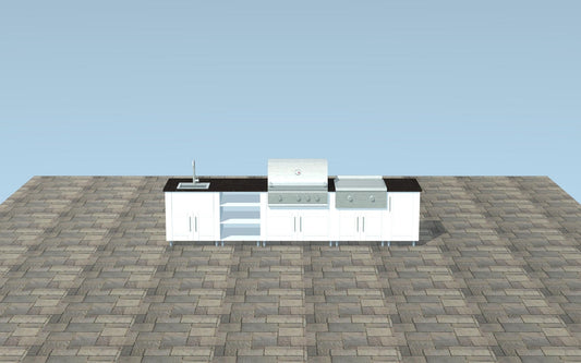 12ft.1in. WeatherStrong Outdoor Kitchen Island Ready For Grill, Griddle, Trash, Open Shelf and Sink - Sunzout Outdoor Spaces LLC