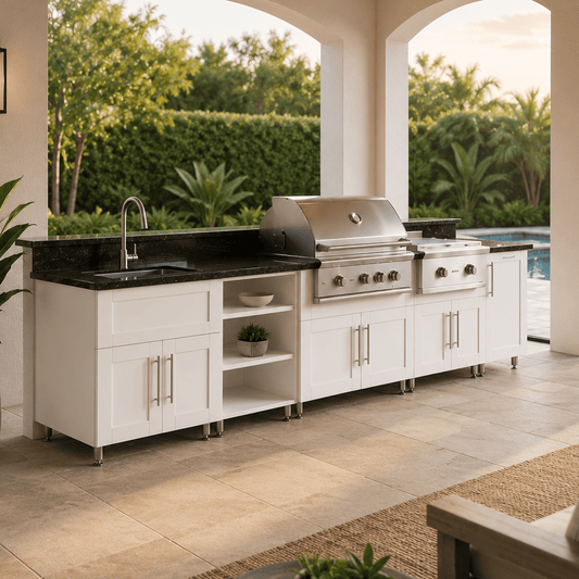 12ft.1in. WeatherStrong Outdoor Kitchen Island Ready For Grill, Griddle, Trash, Open Shelf and Sink - Sunzout Outdoor Spaces LLC
