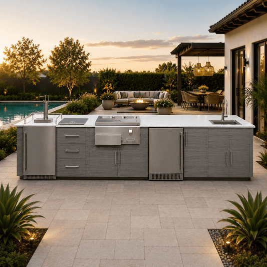 13ft.6in. WeatherStong Outdoor Kitchen Island Ready For Beverage and Prep Station, Refrigerator, Sink, Kegerator, Ice Chest, 3 Drawer Cabinet, and Trash - Sunzout Outdoor Spaces LLC