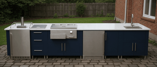 13ft.6in. WeatherStong Outdoor Kitchen Island Ready For Beverage and Prep Station, Refrigerator, Sink, Kegerator, Ice Chest, 3 Drawer Cabinet, and Trash - Sunzout Outdoor Spaces LLC