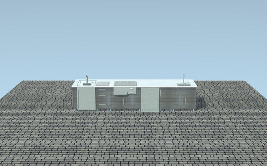 13ft.6in. WeatherStong Outdoor Kitchen Island Ready For Beverage and Prep Station, Refrigerator, Sink, Kegerator, Ice Chest, 3 Drawer Cabinet, and Trash - Sunzout Outdoor Spaces LLC
