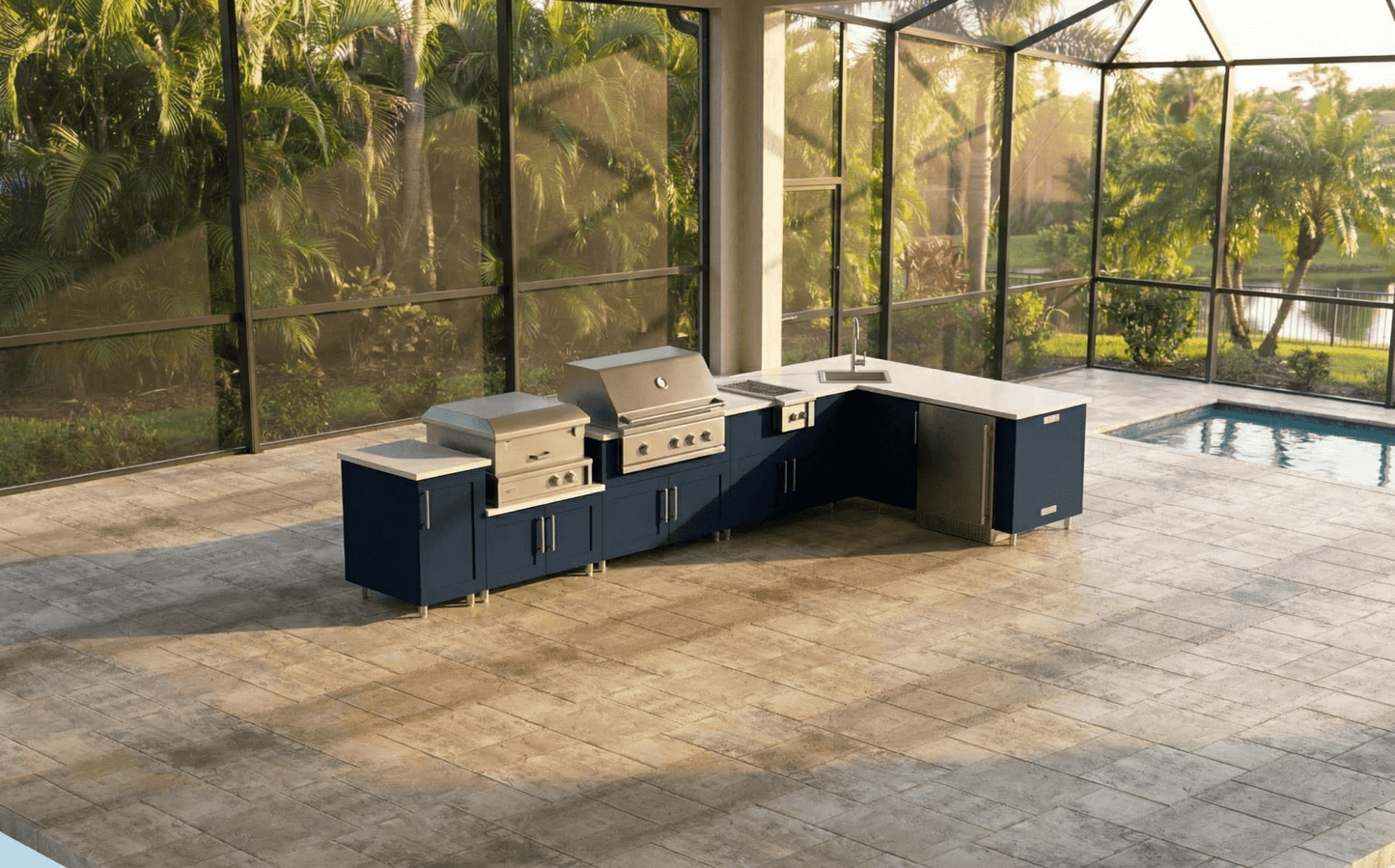 14ft.4in. x 6.9in. L - Shape WeatherStrong Outdoor Kitchen Island Ready For Grill, Side Burner, Refrigerator, Sink, Trash and Pizza Oven - Sunzout Outdoor Spaces LLC