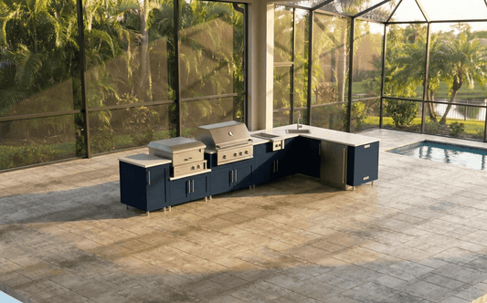 14ft.4in. x 6.9in. L - Shape WeatherStrong Outdoor Kitchen Island Ready For Grill, Side Burner, Refrigerator, Sink, Trash and Pizza Oven - Sunzout Outdoor Spaces LLC