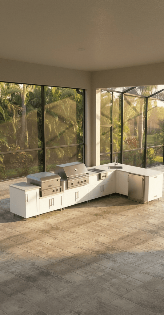 14ft.4in. x 6.9in. L - Shape WeatherStrong Outdoor Kitchen Island Ready For Grill, Side Burner, Refrigerator, Sink, Trash and Pizza Oven - Sunzout Outdoor Spaces LLC
