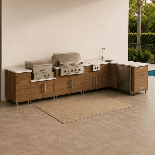 14ft.4in. x 6.9in. L - Shape WeatherStrong Outdoor Kitchen Island Ready For Grill, Side Burner, Refrigerator, Sink, Trash and Pizza Oven - Sunzout Outdoor Spaces LLC