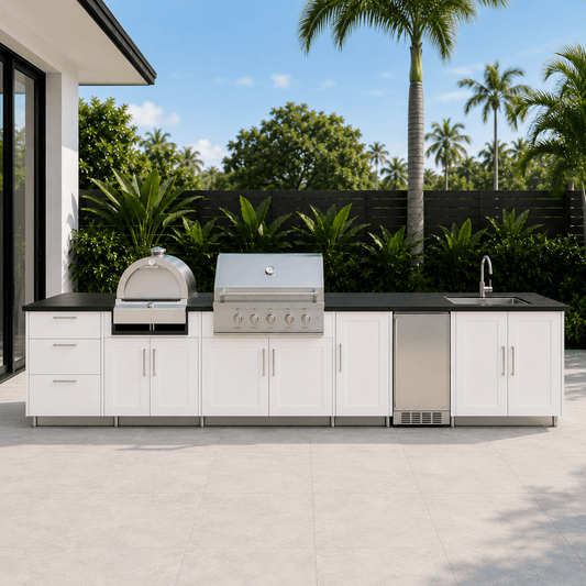 15ft.2in. WeatherStrong Outdoor Kitchen Island Ready for Grill, Pizza Oven, Refrigerator, Farm House Sink, Trash and Drawer Cabinet - Sunzout Outdoor Spaces LLC