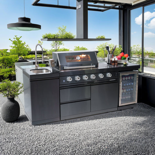 85 in. Sunzout Black Modular Steel Outdoor Kitchen Island with 32 inch Grill, Sideburner, Sink and Refrigerator