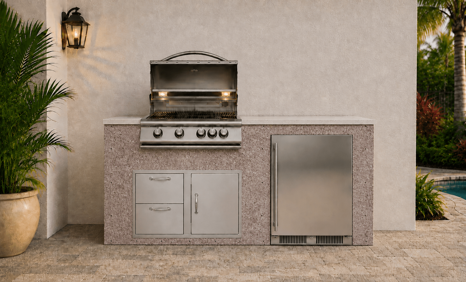 72" Red Shell Real Stone Outdoor Kitchen Island by Brendan William Designs - Sunzout Outdoor Spaces LLC