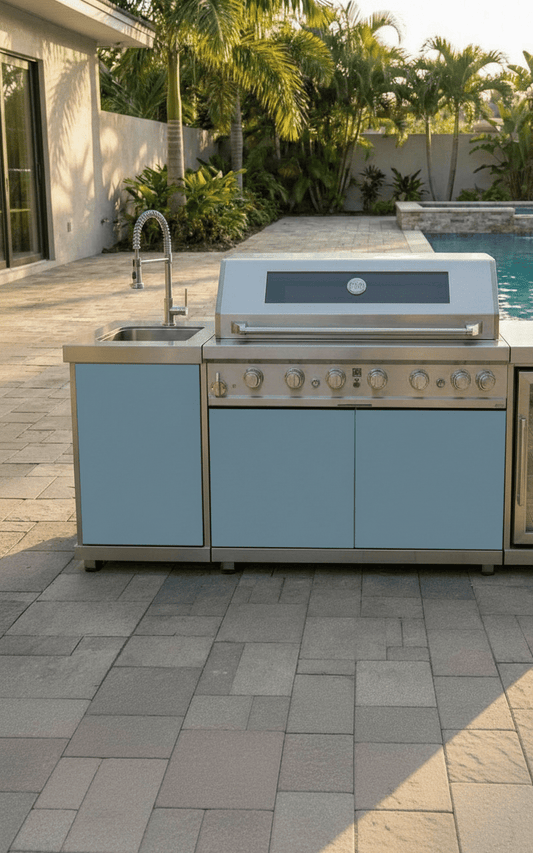 7ft Sunzout Coastal Vibes Modular Outdoor Kitchen Island, 304 Stainless Steel with 43 inch Grill, Refrigerator and Sink - Sunzout Outdoor Spaces LLC