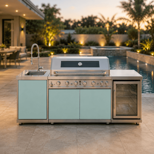 7ft Sunzout Coastal Vibes Modular Outdoor Kitchen Island, 304 Stainless Steel with 43 inch Grill, Refrigerator and Sink - Sunzout Outdoor Spaces LLC