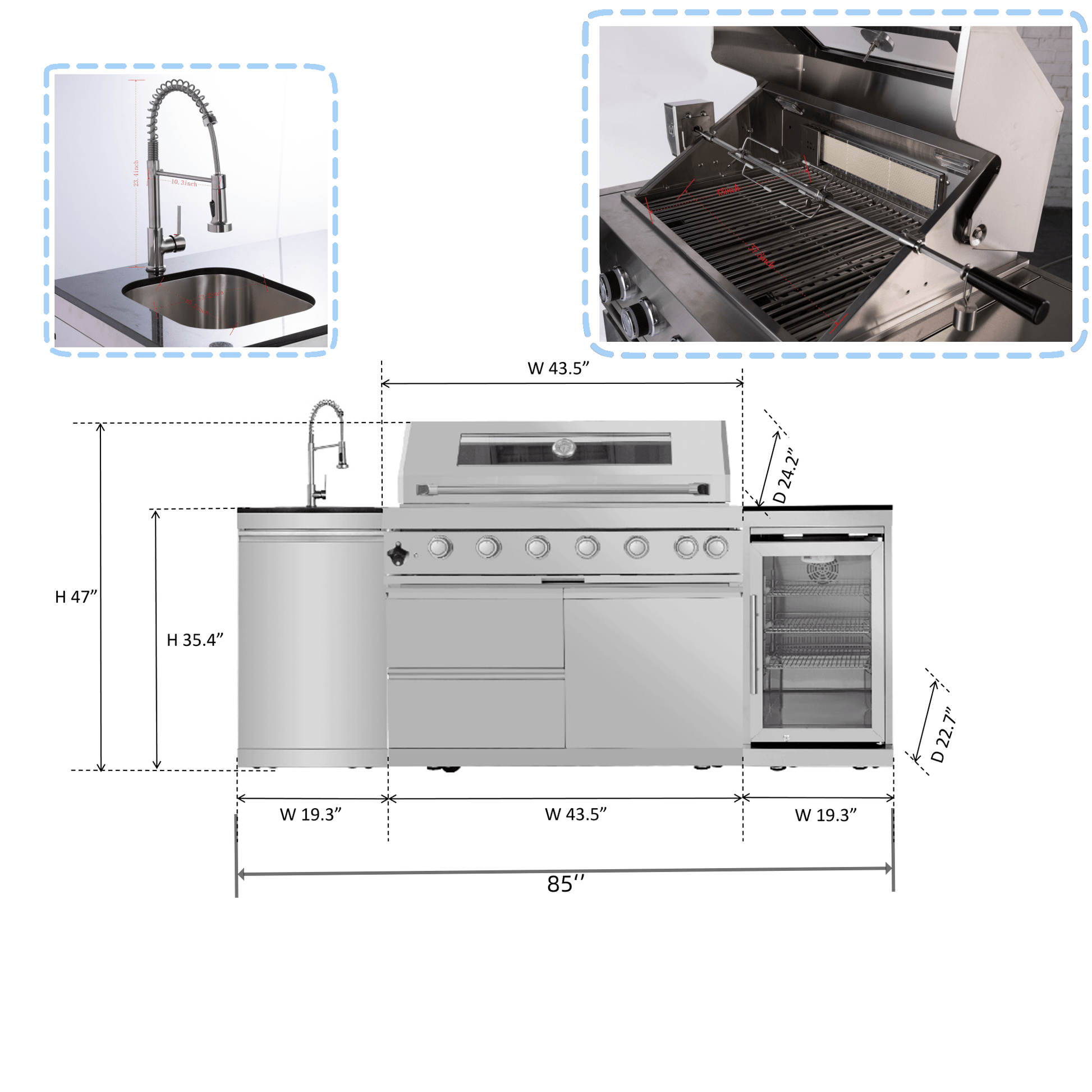 7ft Sunzout Modular Outdoor Kitchen Island, 304 Stainless Steel with 43 inch Grill, Refrigerator and Sink - Sunzout Outdoor Spaces LLC