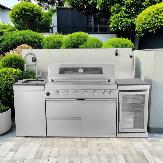 7ft Sunzout Modular Outdoor Kitchen Island, 304 Stainless Steel with 43 inch Grill, Refrigerator and Sink - Sunzout Outdoor Spaces LLC