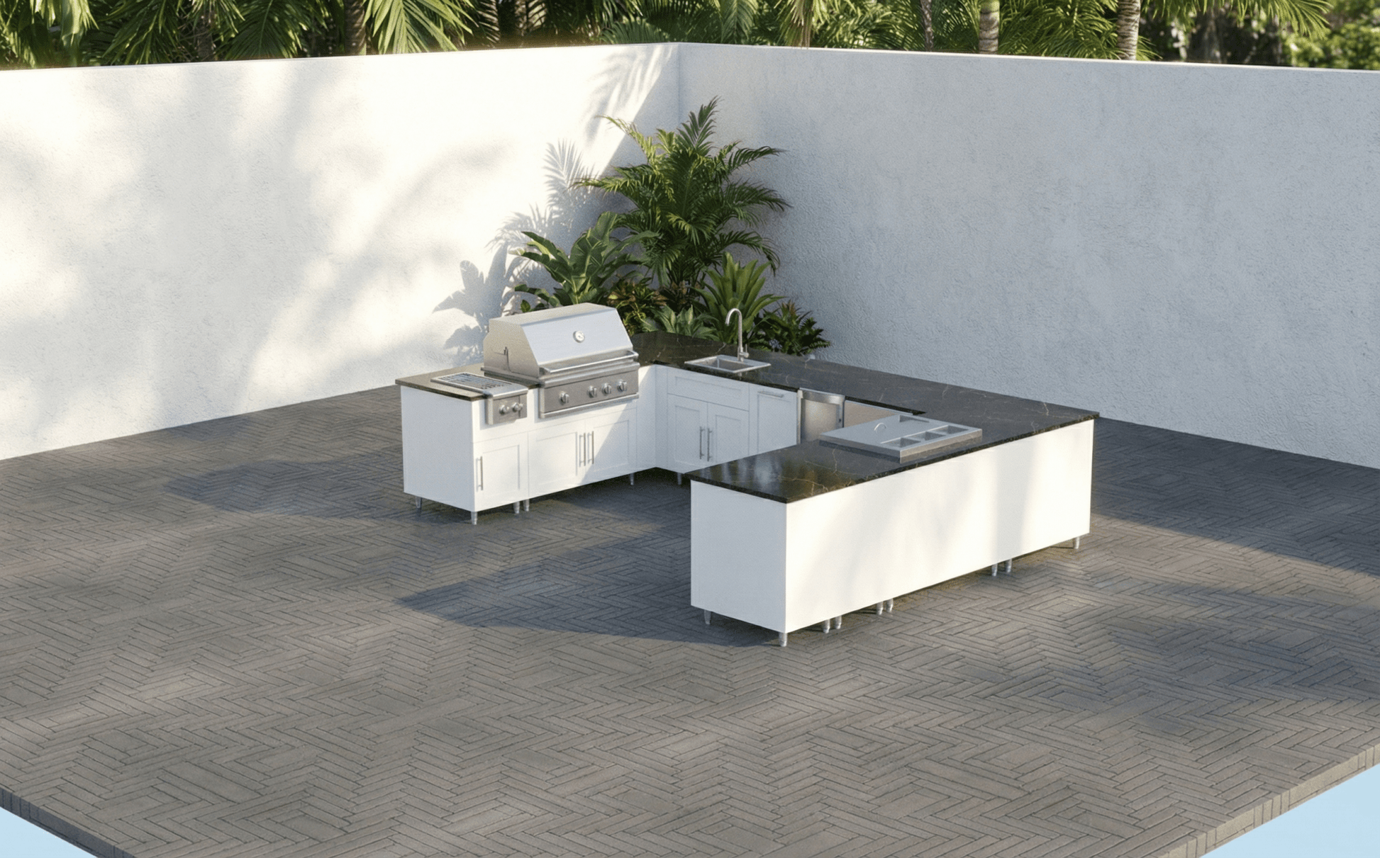 7ft.9in. x 12ft.7in. x 9ft.3in U - Shape WeatherStrong Outdoor Kitchen Island Ready For Grill, Side Burner, Beverage and Prep Station, Refrigerator, Sink and Wine Cooler - Sunzout Outdoor Spaces LLC