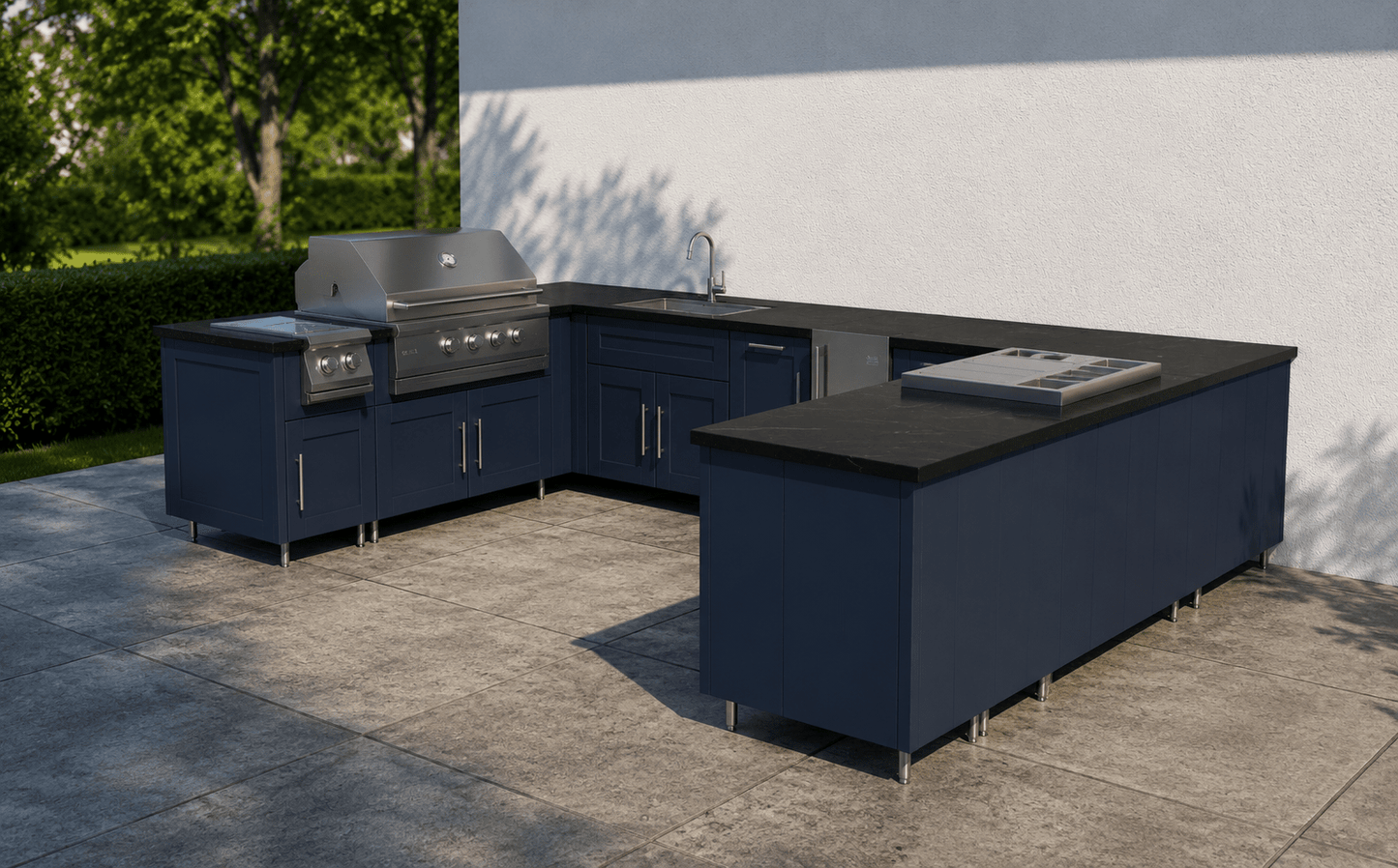 7ft.9in. x 12ft.7in. x 9ft.3in U - Shape WeatherStrong Outdoor Kitchen Island Ready For Grill, Side Burner, Beverage and Prep Station, Refrigerator, Sink and Wine Cooler - Sunzout Outdoor Spaces LLC