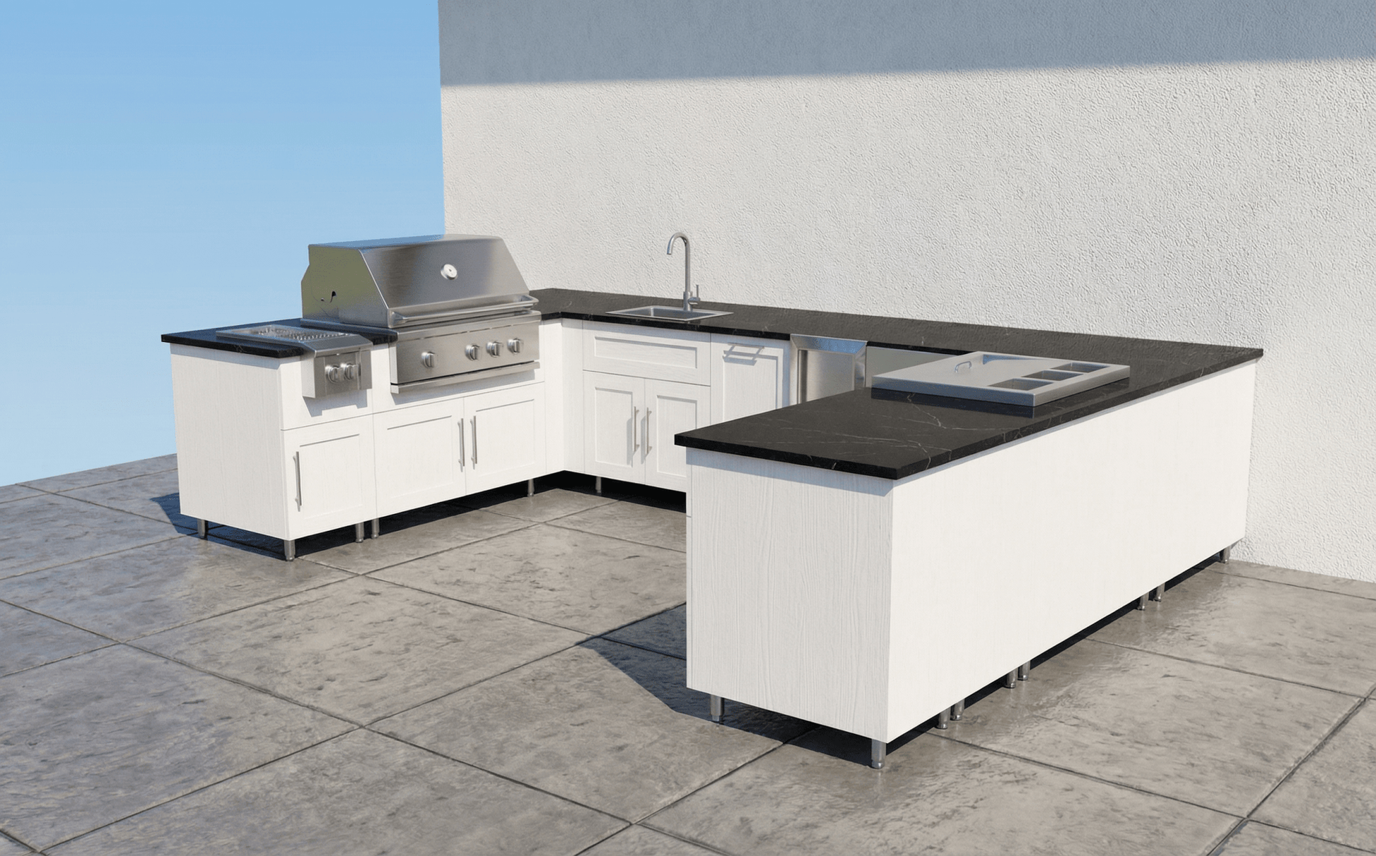 7ft.9in. x 12ft.7in. x 9ft.3in U - Shape WeatherStrong Outdoor Kitchen Island Ready For Grill, Side Burner, Beverage and Prep Station, Refrigerator, Sink and Wine Cooler - Sunzout Outdoor Spaces LLC