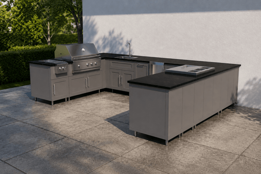 7ft.9in. x 12ft.7in. x 9ft.3in U - Shape WeatherStrong Outdoor Kitchen Island Ready For Grill, Side Burner, Beverage and Prep Station, Refrigerator, Sink and Wine Cooler - Sunzout Outdoor Spaces LLC