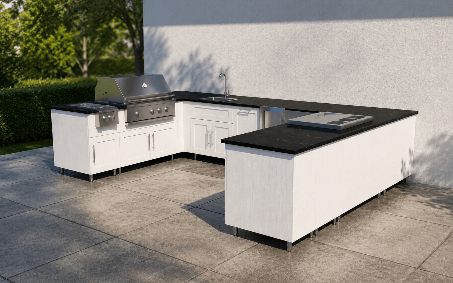 7ft.9in. x 12ft.7in. x 9ft.3in U - Shape WeatherStrong Outdoor Kitchen Island Ready For Grill, Side Burner, Beverage and Prep Station, Refrigerator, Sink and Wine Cooler - Sunzout Outdoor Spaces LLC