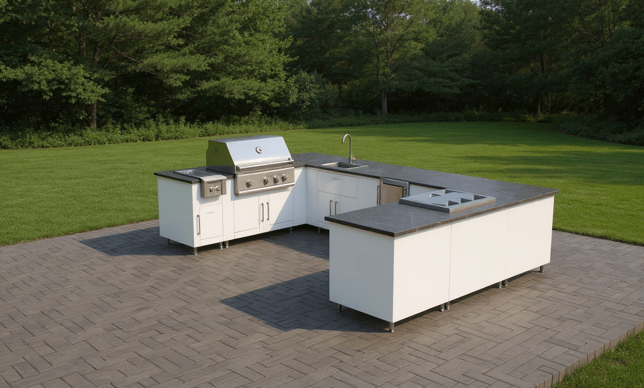 7ft.9in. x 12ft.7in. x 9ft.3in U - Shape WeatherStrong Outdoor Kitchen Island Ready For Grill, Side Burner, Beverage and Prep Station, Refrigerator, Sink and Wine Cooler - Sunzout Outdoor Spaces LLC