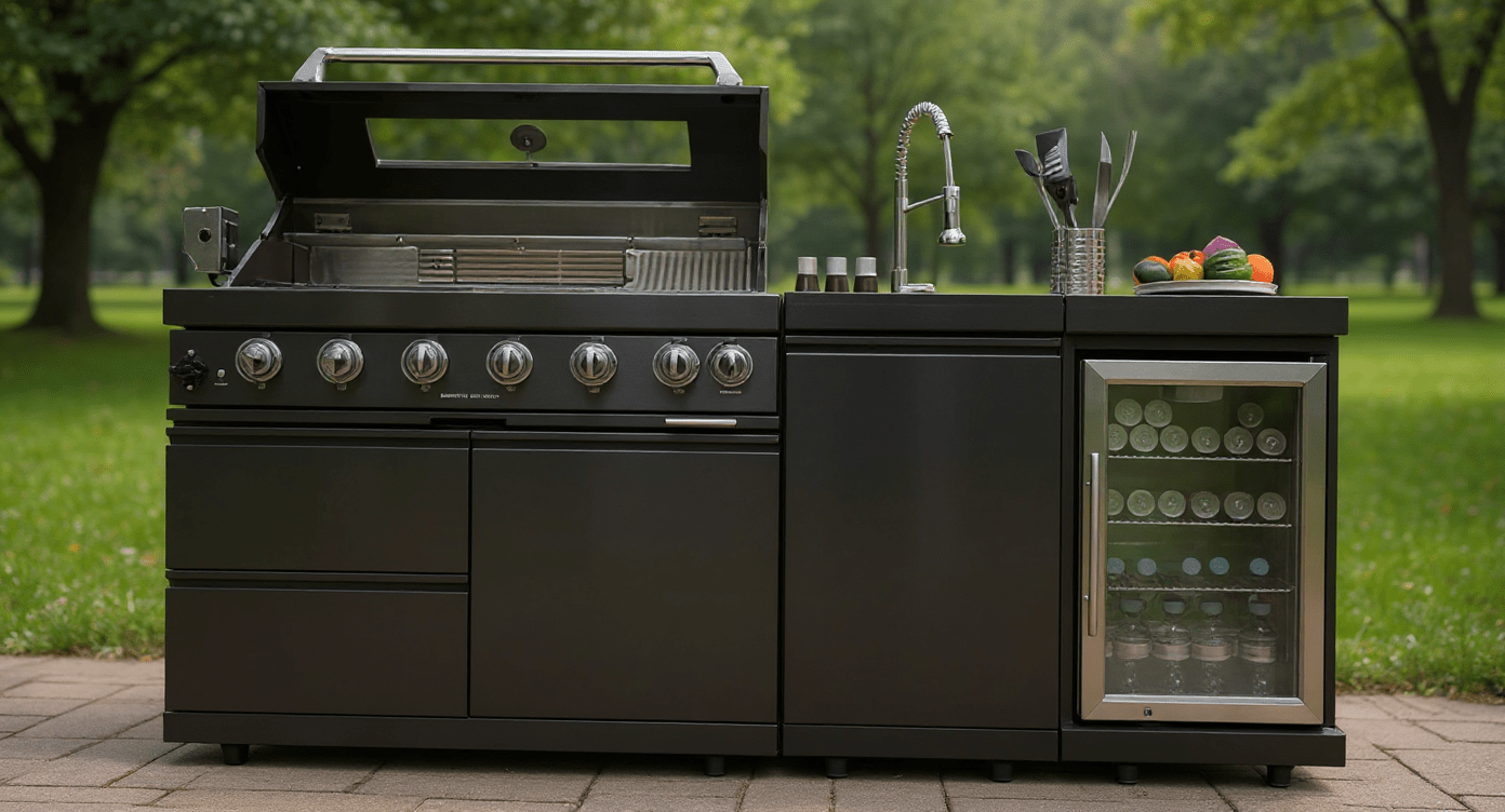 83 in. Sunzout Black Steel Modular Outdoor Kitchen Island with 43 Inch Grill, Sink and Refrigerator - Sunzout Outdoor Spaces LLC