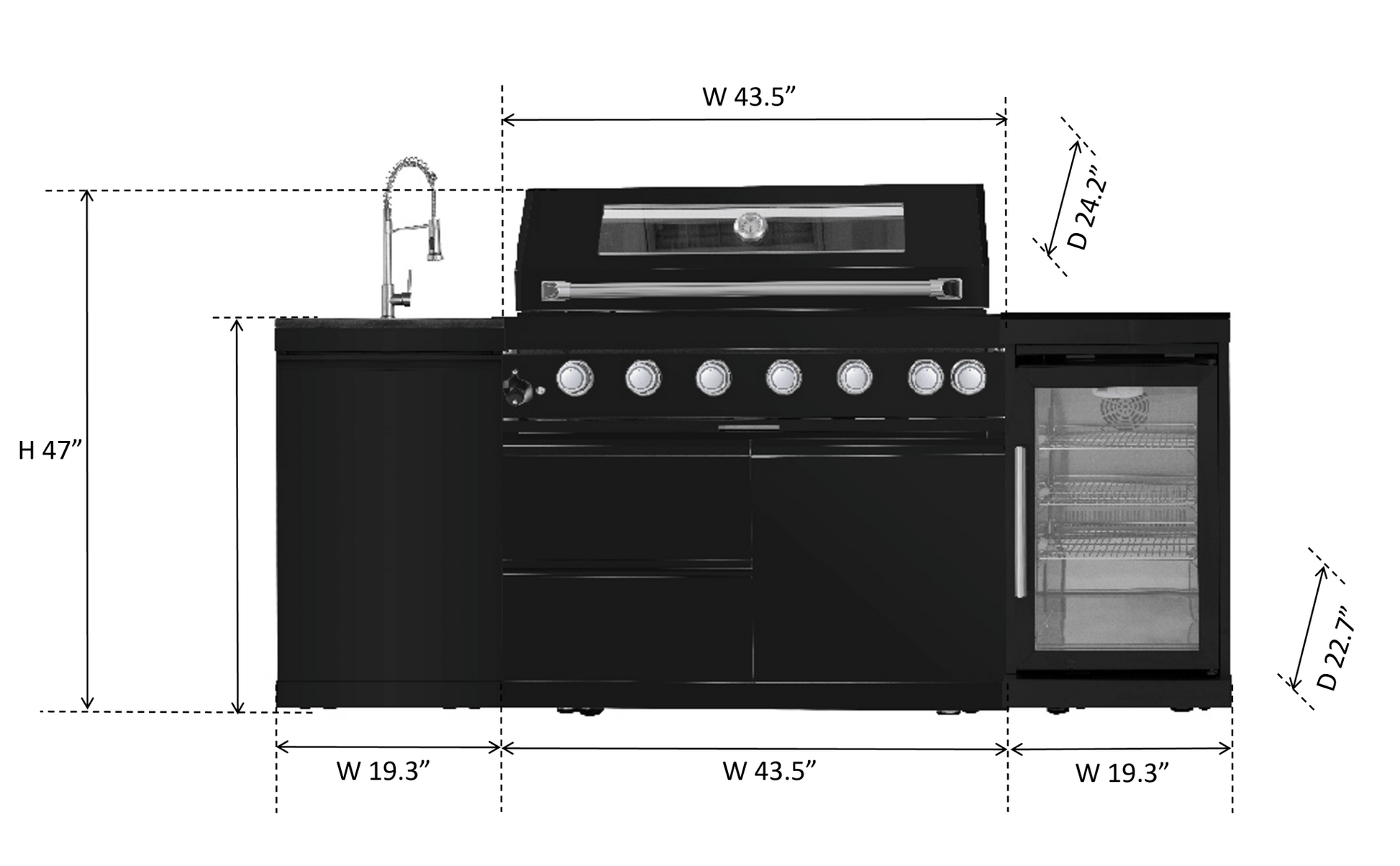 83 in. Sunzout Black Steel Modular Outdoor Kitchen Island with 43 Inch Grill, Sink and Refrigerator - Sunzout Outdoor Spaces LLC