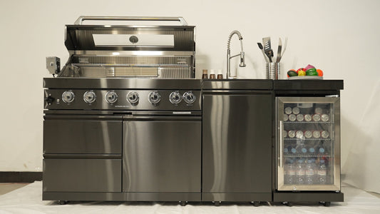 83 in. Sunzout Black Steel Modular Outdoor Kitchen Island with 43 Inch Grill, Sink and Refrigerator - Sunzout Outdoor Spaces LLC