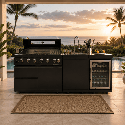 83-inch Sunzout Black Steel Modular Outdoor Kitchen Island with 43-inch grill and sink.