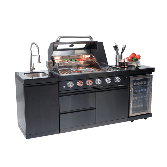 85 in. Sunzout Black Modular Steel Outdoor Kitchen Island with 32 inch Grill, Sideburner, Sink and Refrigerator - Sunzout Outdoor Spaces LLC