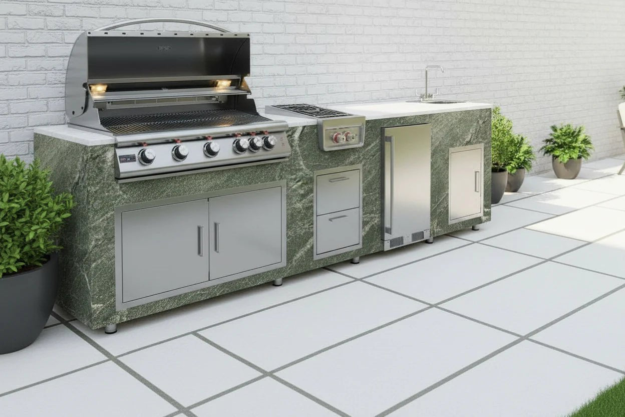 8ft Green River Real Stone Outdoor Kitchen Island by Brendan William Designs - Sunzout Outdoor Spaces LLC