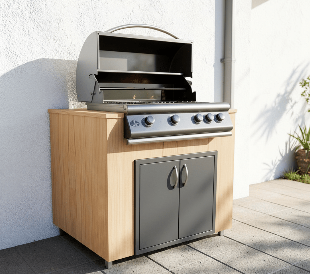 8ft Real Sand Stone Teakwood Outdoor Kitchen Island by Brendan William Designs - Sunzout Outdoor Spaces LLC