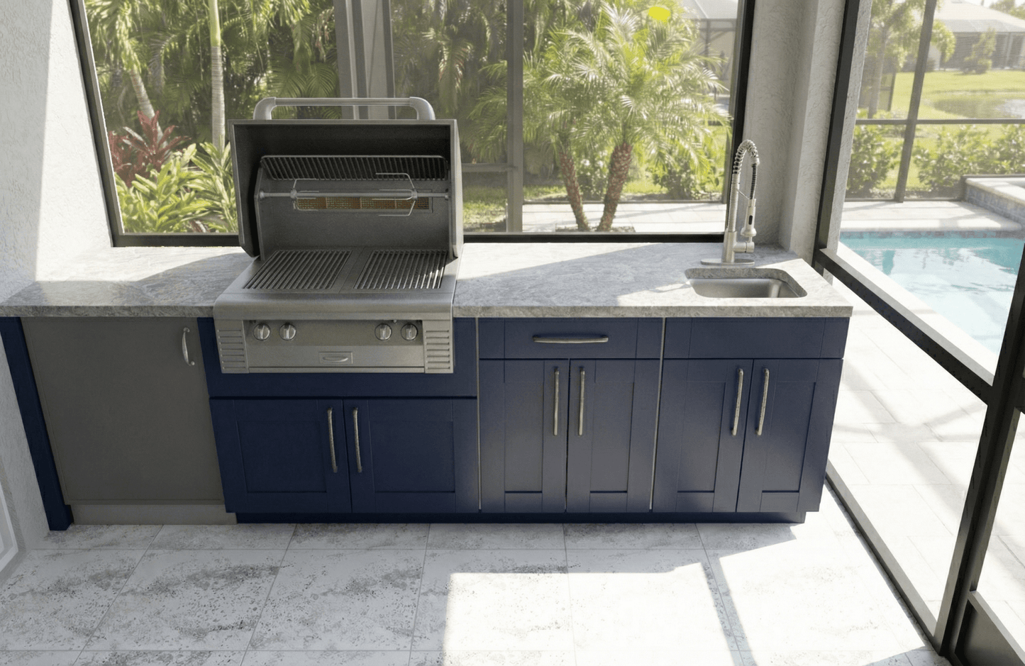 9 ft Weatherstrong Outdoor Kitchen Island ready for Grill, refrigerator and sink - Sunzout Outdoor Spaces LLC