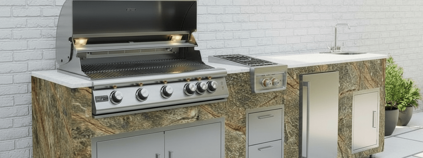 94.5 inch Real Stone Outdoor Kitchen Island With Trueflame Appliances - Sunzout Outdoor Spaces LLC