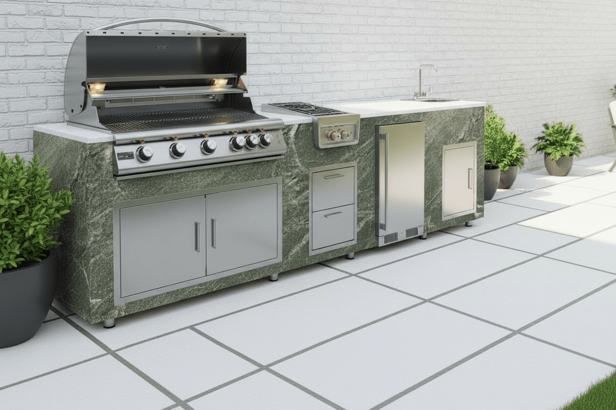 94.5 inch Real Stone Outdoor Kitchen Island With Trueflame Appliances - Sunzout Outdoor Spaces LLC