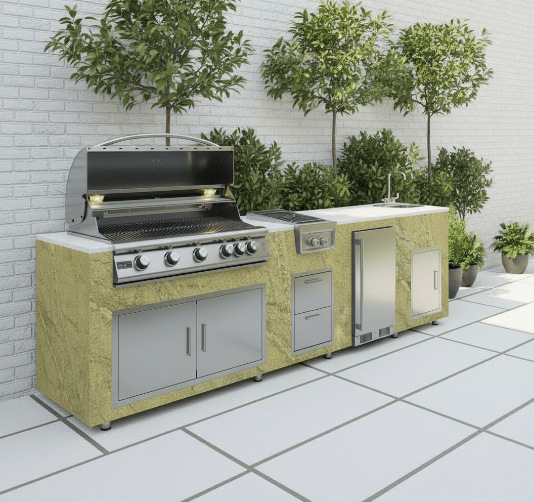 94.5 inch Real Stone Outdoor Kitchen Island With Trueflame Appliances - Sunzout Outdoor Spaces LLC