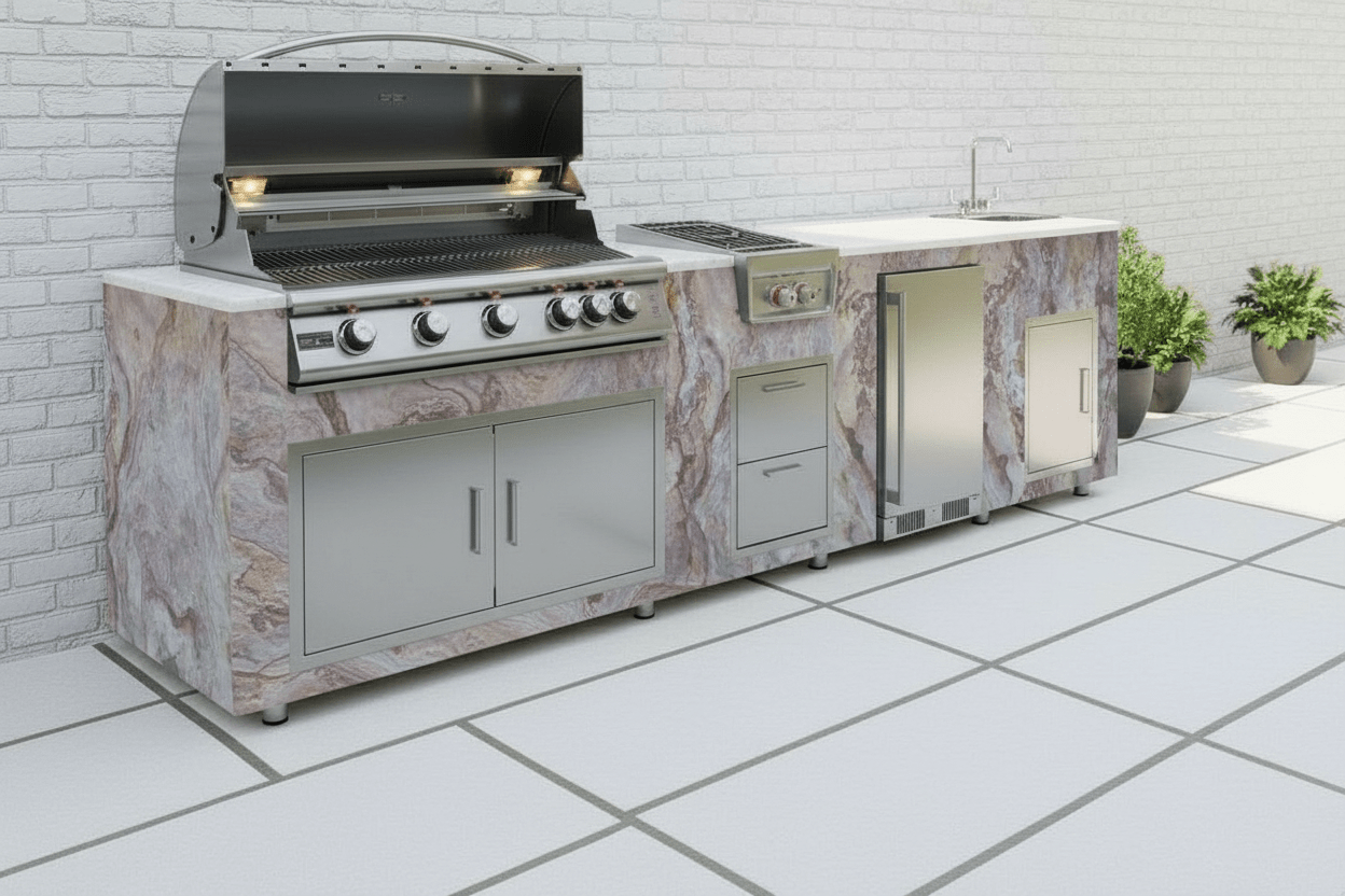 94.5 inch Real Stone Outdoor Kitchen Island With Trueflame Appliances - Sunzout Outdoor Spaces LLC