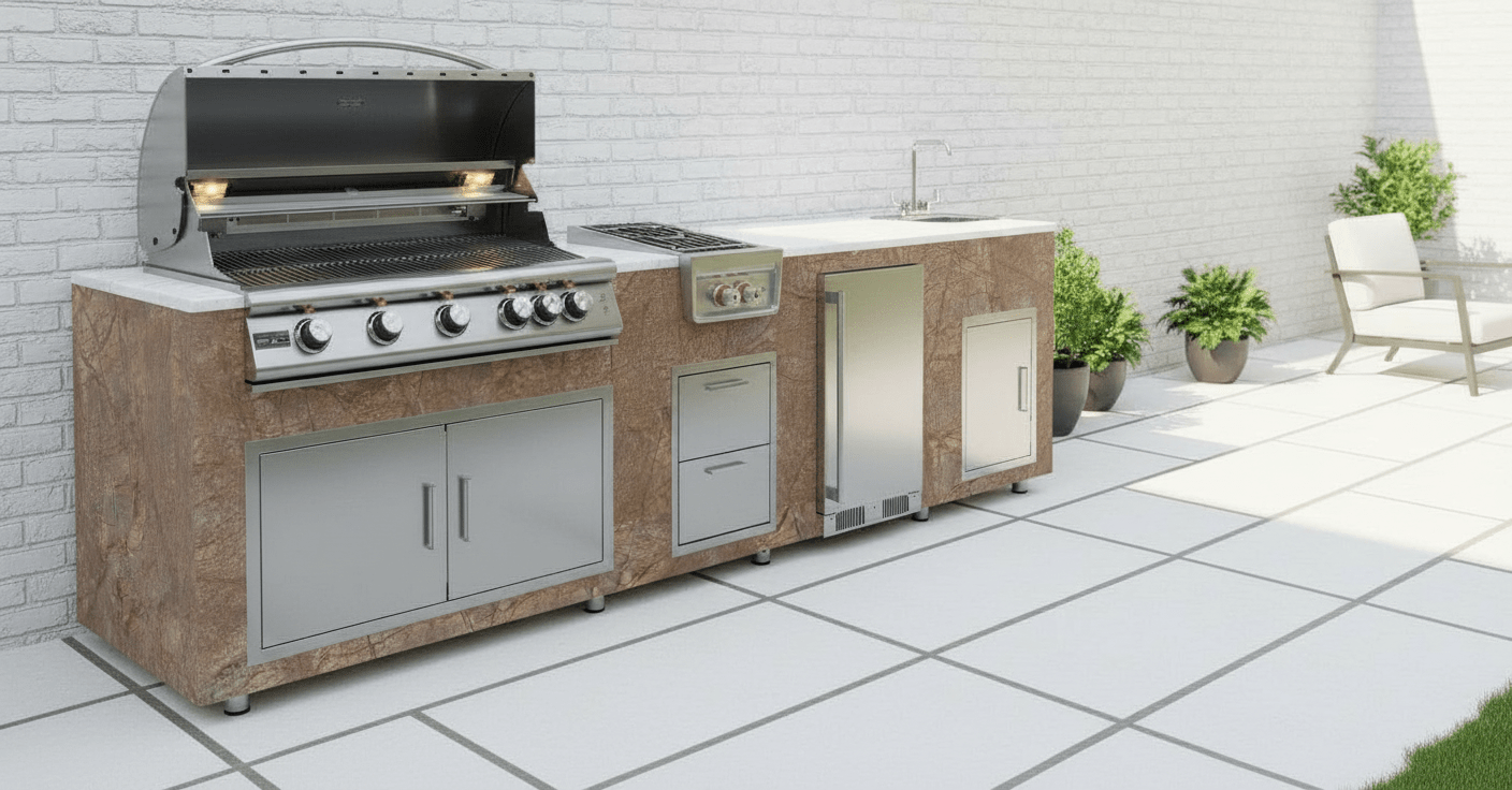 94.5 inch Real Stone Outdoor Kitchen Island With Trueflame Appliances - Sunzout Outdoor Spaces LLC